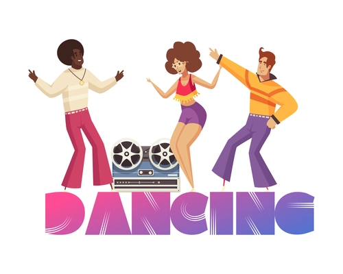 Disco party composition with text and characters of dancing people wearing disco style clothes vector illustration