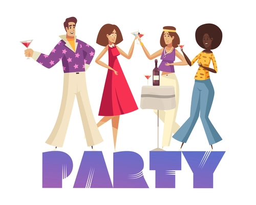 Disco party composition with text and characters of party people wearing disco style clothes vector illustration