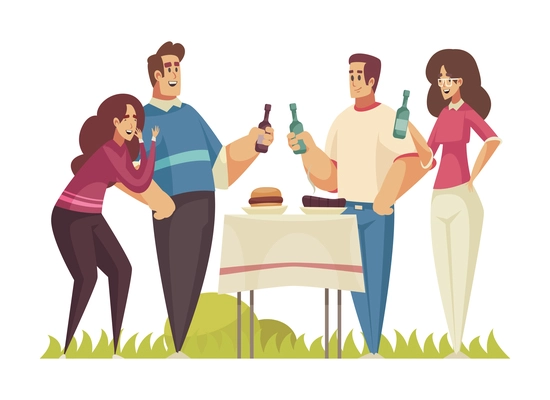Bbq composition with group of happy friends with beer bottles and table with burger and sausage vector illustration