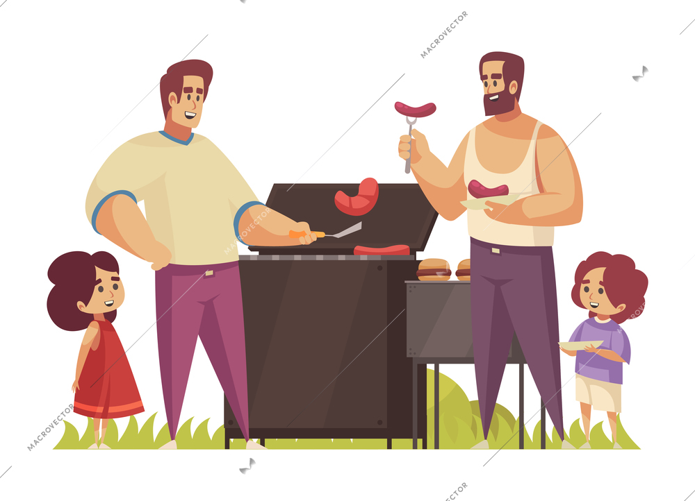 Bbq composition with outdoor scenery barbecue grill and two adult men with their children vector illustration