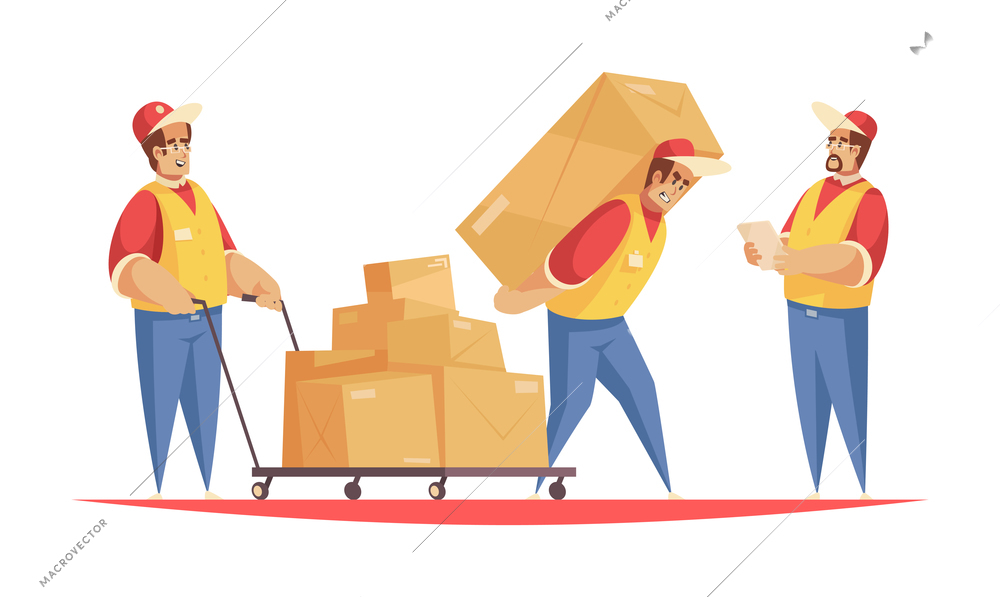 Delivery composition with doodle characters of workers in uniform carrying cardboard boxes vector illustration