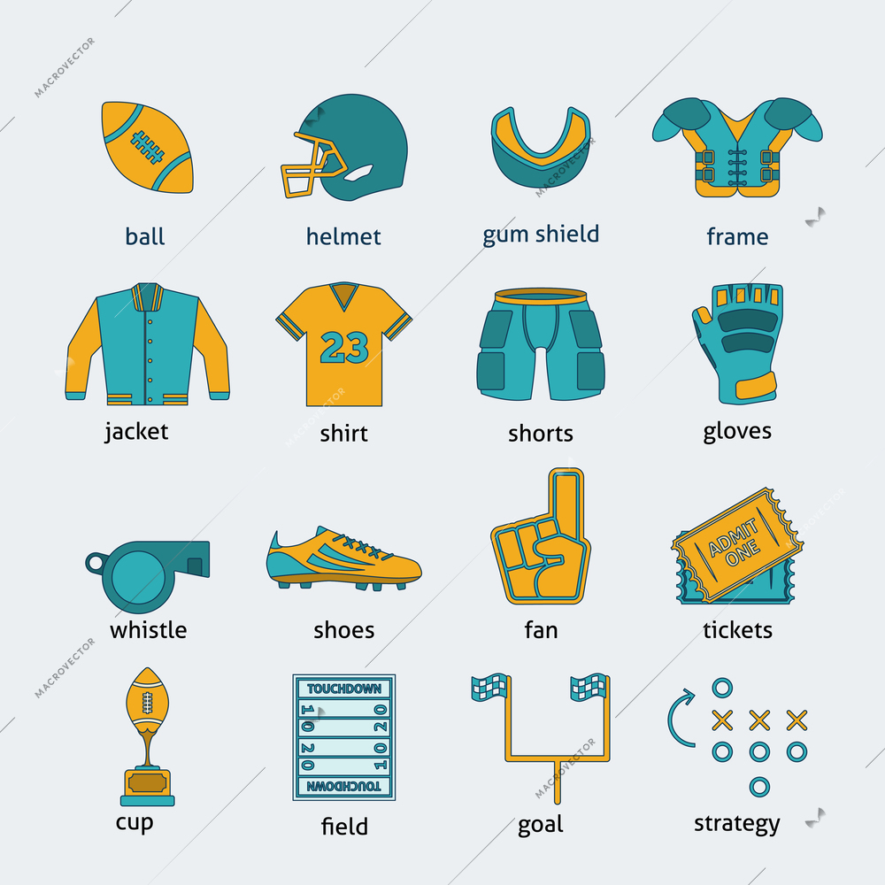 Rugby sport game accessories flat line icons collection with ball helmet entry tickets abstract isolated vector illustration