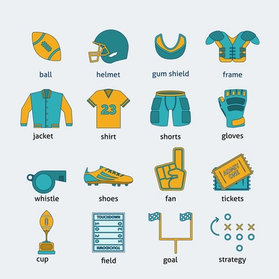 Rugby sport game accessories flat line icons collection with ball helmet entry tickets abstract isolated vector illustration