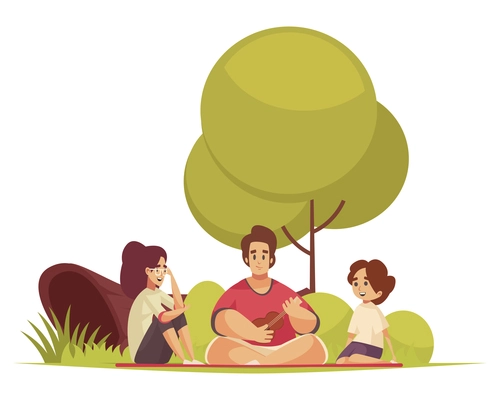 Bbq composition with outdoor landscape and characters of family members sitting on ground playing guitar vector illustration