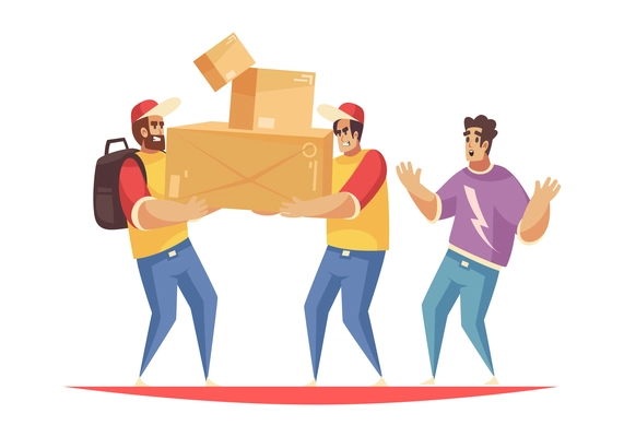 Delivery composition with angry characters of workers in uniform carrying boxes with client vector illustration