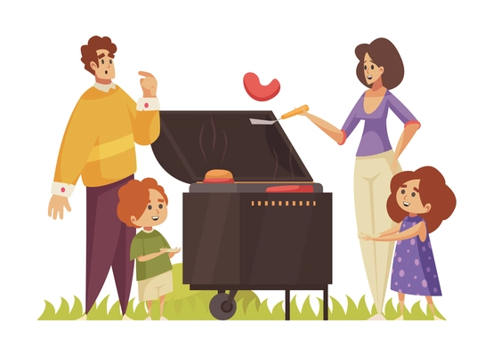 Bbq composition with characters of parents with children and barbecue grill with sausages vector illustration