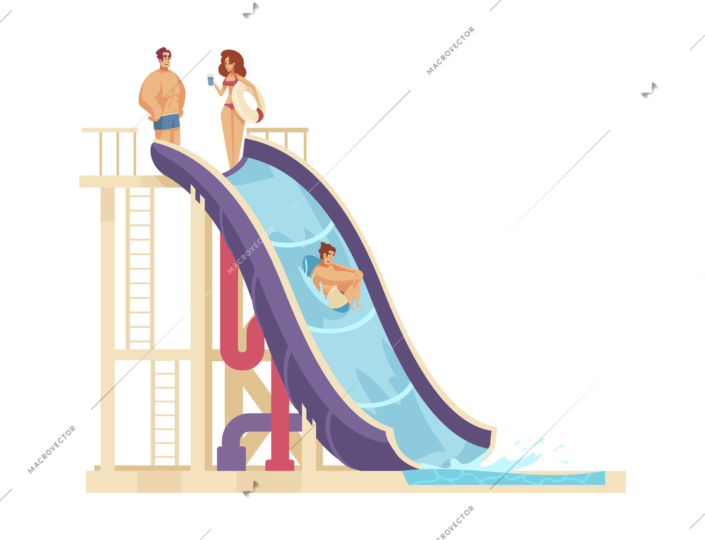 Aquapark composition with image of high water slide with human characters on top vector illustration