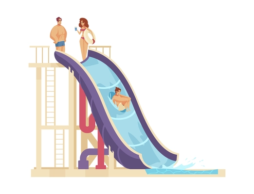 Aquapark composition with image of high water slide with human characters on top vector illustration