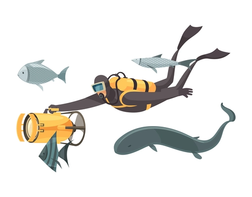 Diving composition with character of equipped scuba diver surrounded by various fishes vector illustration