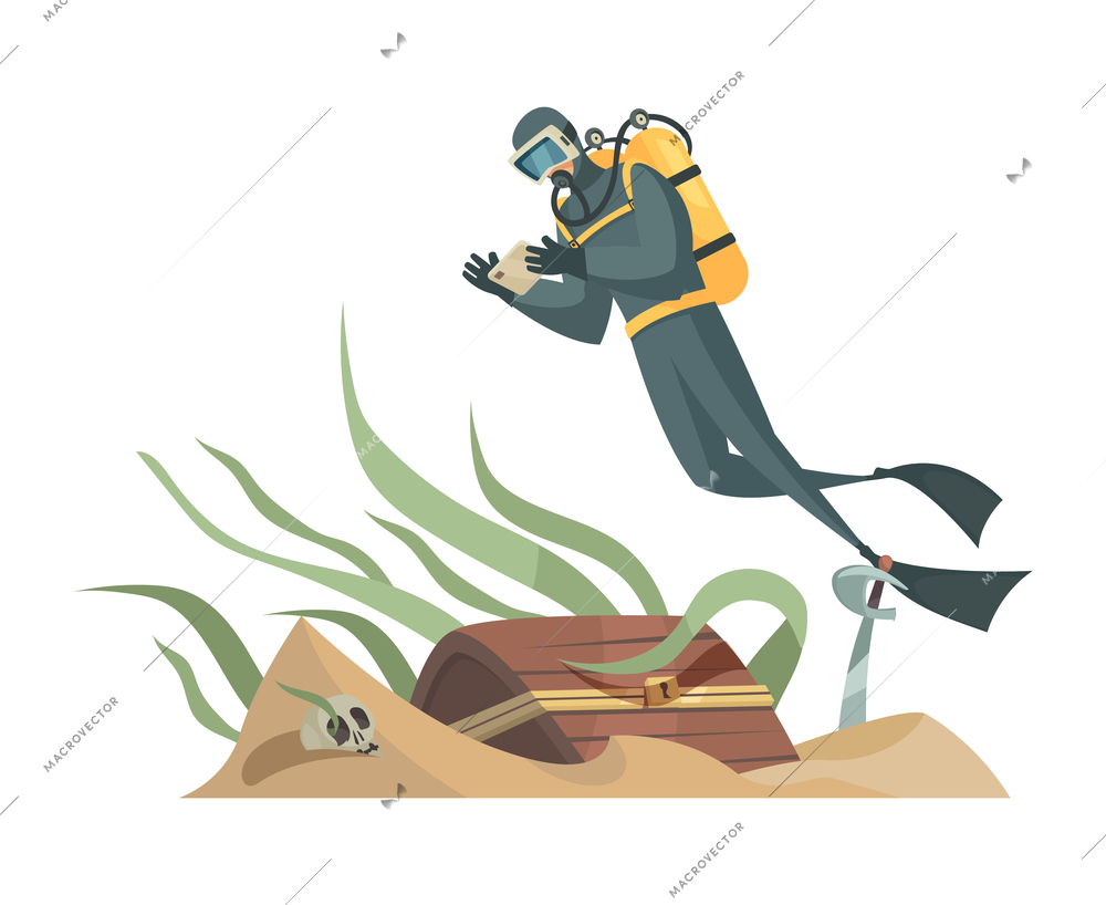 Diving composition with character of scuba diver taking photo of treasure chest on sea bottom vector illustration