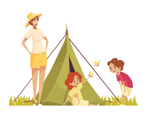 Safari composition with tent and doodle style characters of mother and two kids with butterflies vector illustration