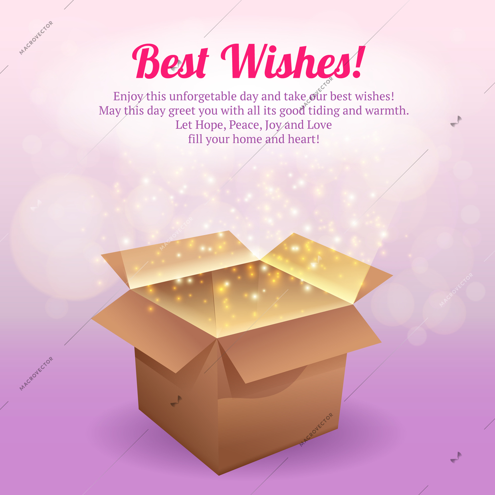 Open cardboard gift box best wishes postcard vector illustration