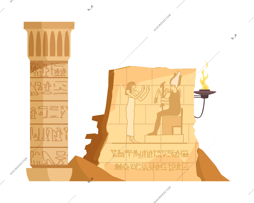 Egyptian composition with images of ancient pillar and piece of wall with etching drawings vector illustration