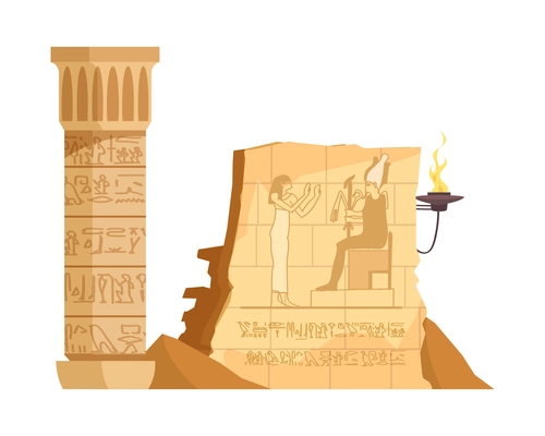 Egyptian composition with images of ancient pillar and piece of wall with etching drawings vector illustration