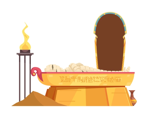 Egyptian composition with images of burning torch with mummy lying inside the golden coffin vector illustration