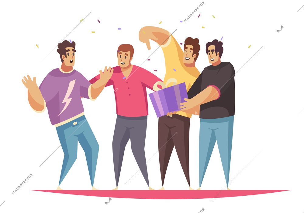 Gift present composition with group of mamale friends surrounded by confetti with gift box vector illustration