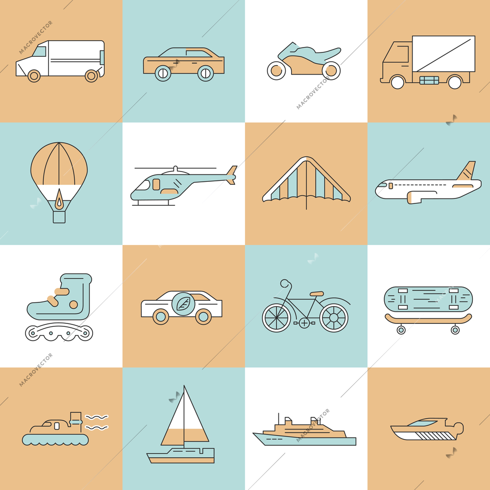 Transport flat line icons set with bicycle minivan ship isolated vector illustration