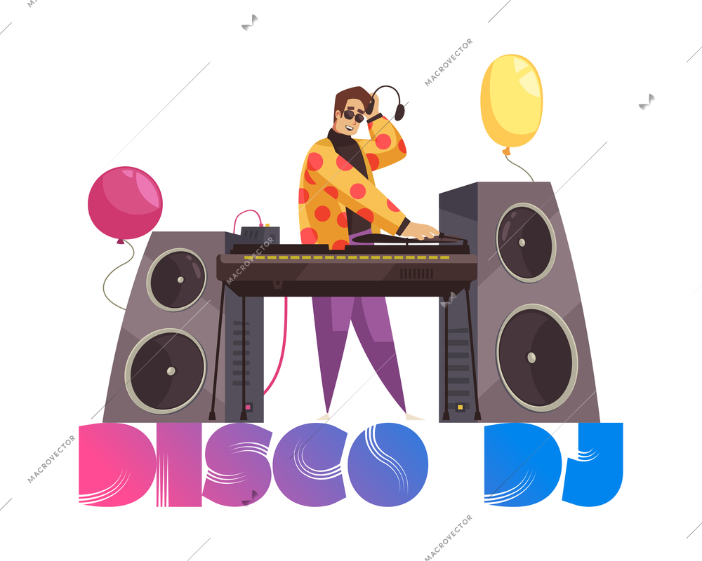 Disco party composition with character of disc jockey playing music at decks with loudspeakers and text vector illustration