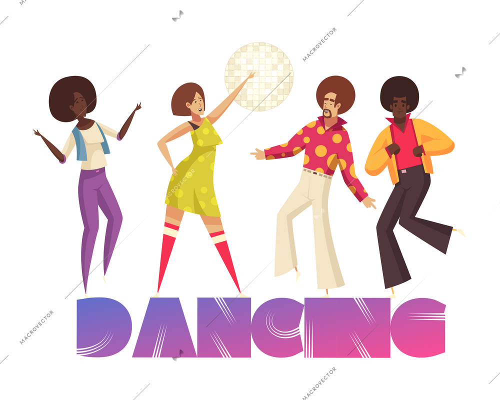 Disco party composition with text and characters of dancing people wearing disco style clothes vector illustration