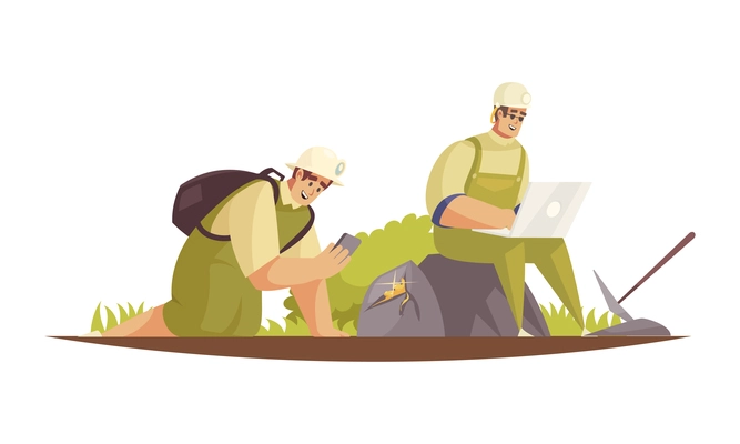 Geologist composition with two male geologists having rest outdoors with laptop and smartphone vector illustration