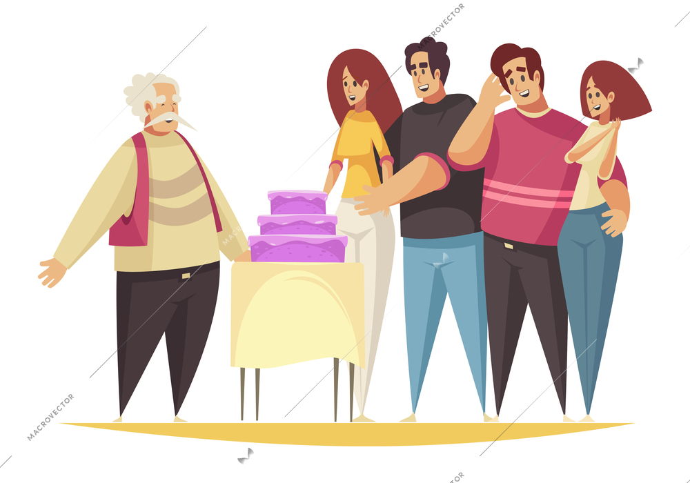 Gift present composition with group of relatives presenting violet colored cake to happy elderly man vector illustration