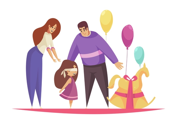 Gift present composition with characters of parents presenting toy horse to their daughter vector illustration
