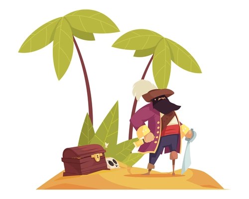 Fairy tale composition with character of pirate standing on desert island with treasure chest vector illustration