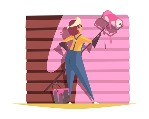 Craftsman composition with female character of wall painter with bucket of pink paint vector illustration