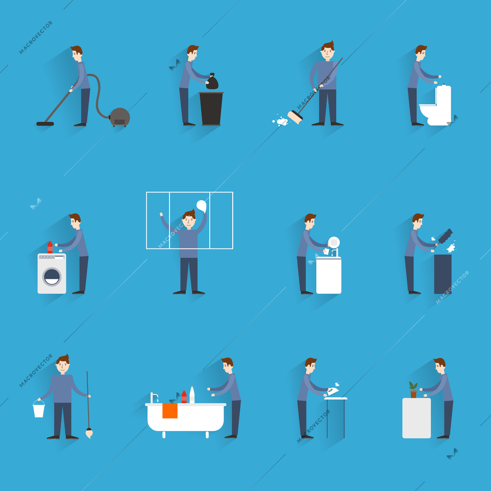 Cleaning flat icons set with  household working people figures isolated vector illustration