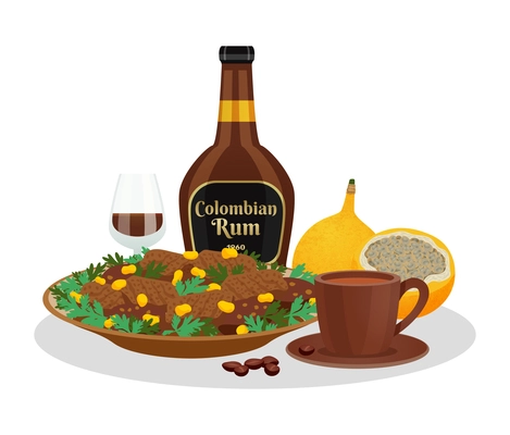 Colombia travel composition with view of round tray served with traditional colombian food and drinks vector illustration