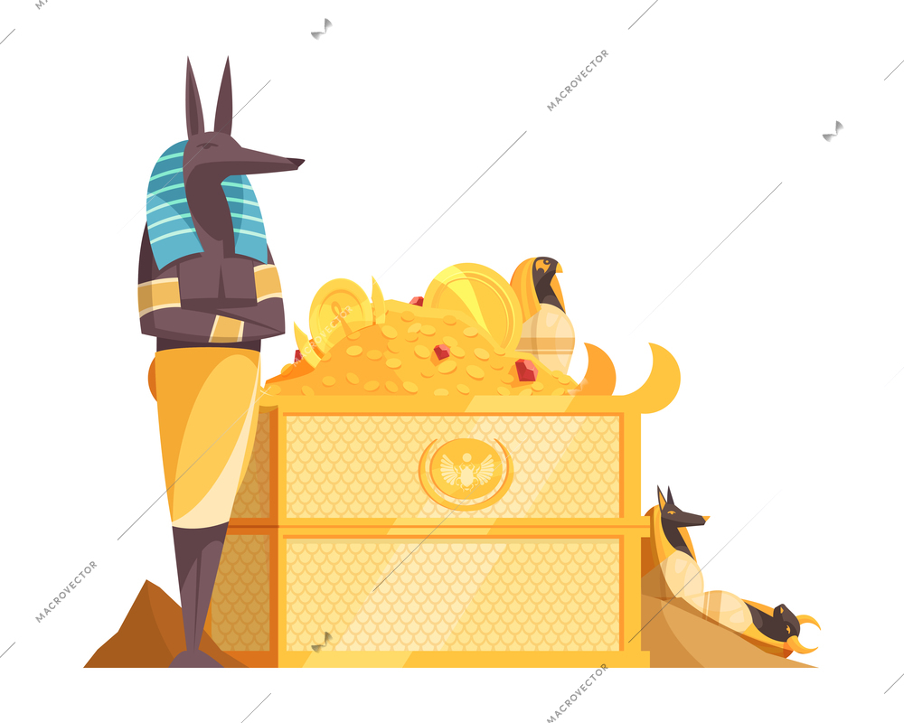 Egyptian composition with characters of ancient god creatures and box full of valuable items vector illustration