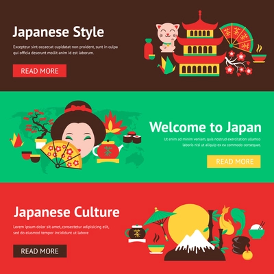 Japan symbols style and culture banner set with traditional food and travel icons vector illustration