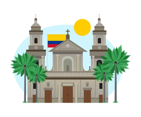 Colombia travel composition with temple building and tropical trees with national flag vector illustration