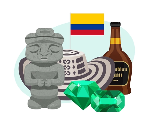 Colombia travel composition with images of national flag and hat with emeralds statue and bottle of rum vector illustration