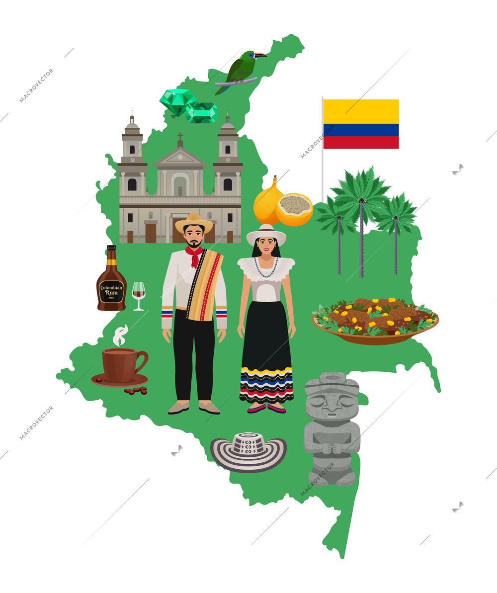 Colombia travel composition with map of country and images of places of interest with human characters vector illustration