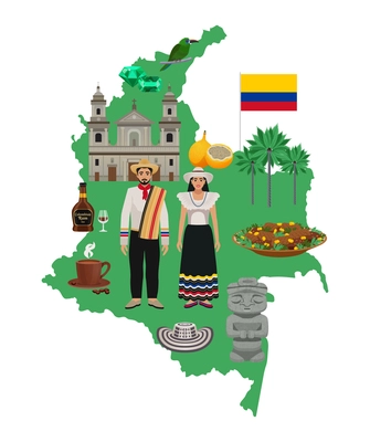 Colombia travel composition with map of country and images of places of interest with human characters vector illustration