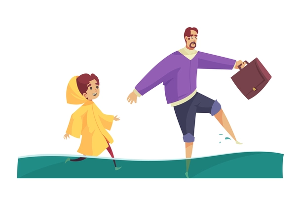 Bad weather composition with characters of adult man and kid walking on flooded ground vector illustration