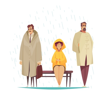 Bad weather composition with characters of sad people standing on bus stop under rain drops vector illustration