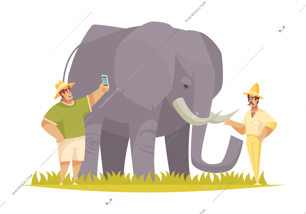 Safari composition with human characters making photos touching huge elephant vector illustration