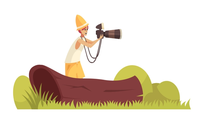 Safari composition with outdoor scenery and human character shooting with photo camera vector illustration