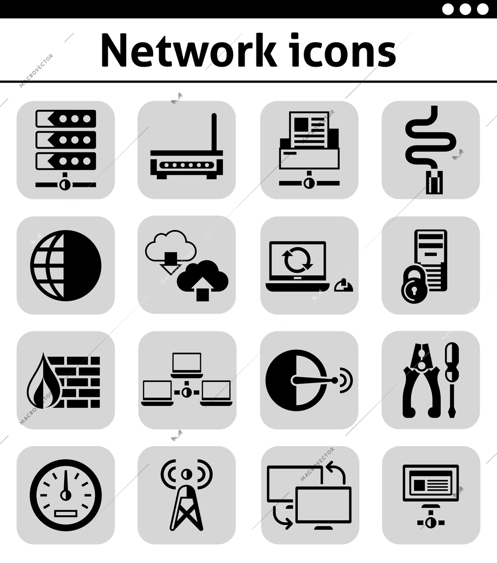 Network security control panel internet communication black icons set isolated vector illustration