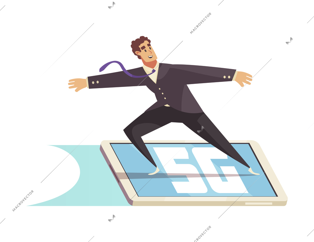 5g internet technology composition with isolated character of businessman riding smartphone like surfboard vector illustration