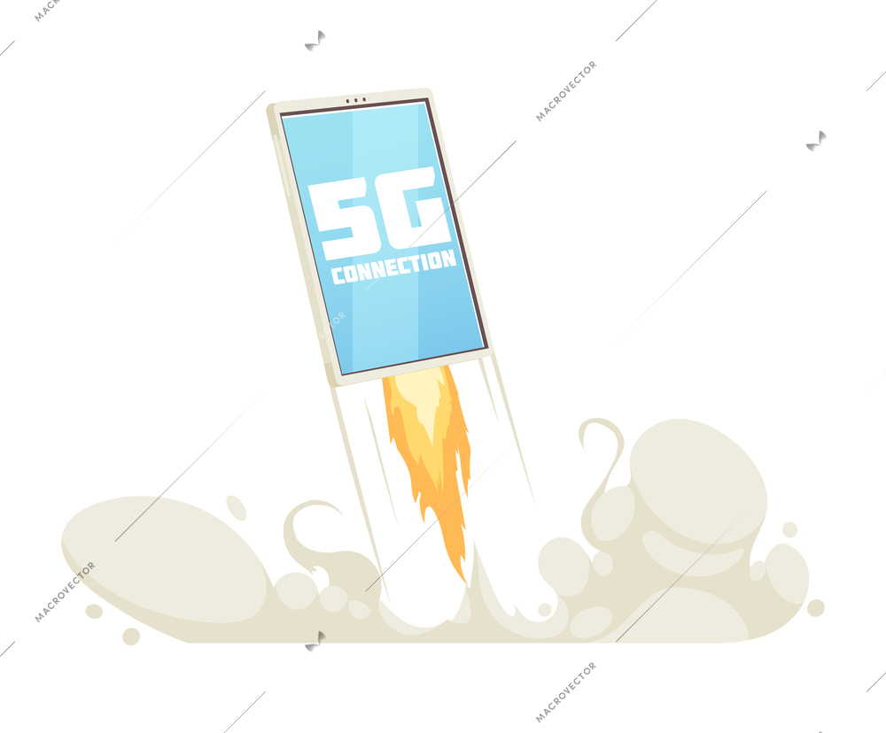 5g internet technology composition with isolated image of launching smartphone with rocket flame and smoke vector illustration