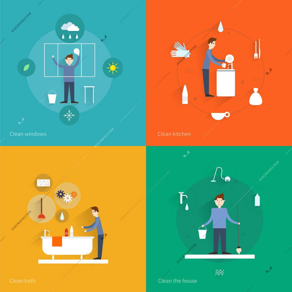 Cleaning flat icons set with windows kitchen bath house isolated vector illustration