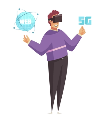 5g internet technology composition with isolated character of man wearing vr glasses with holographic icons vector illustration