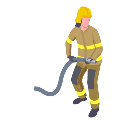 Emergency service isometric composition with isolated character of firefighter holding fire hose nozzle vector illustration