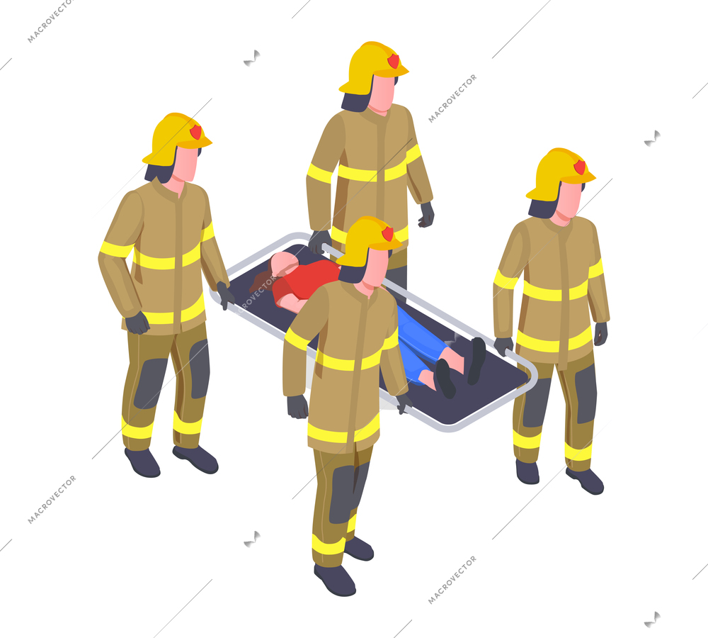 Emergency service isometric composition with characters of four firefighters carrying crash cart with victim vector illustration