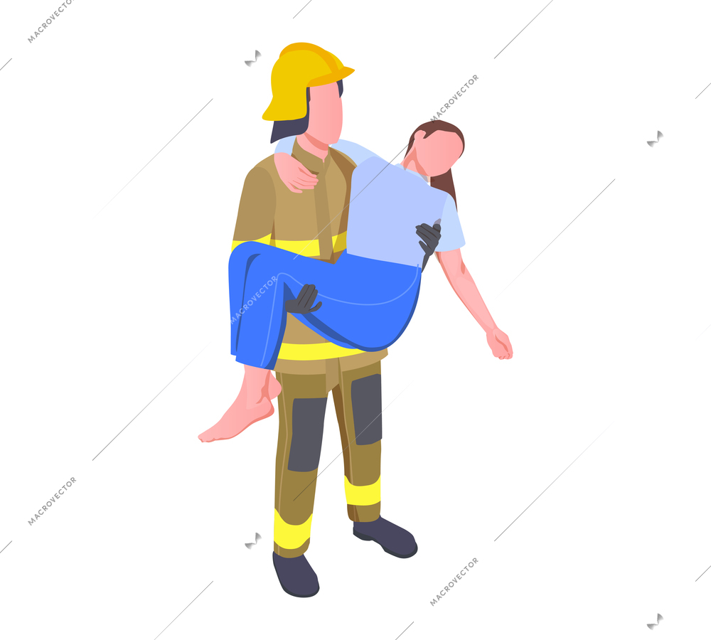 Emergency service isometric composition with firefighter character holding female victim in arms vector illustration