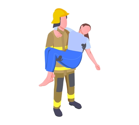 Emergency service isometric composition with firefighter character holding female victim in arms vector illustration