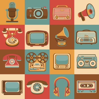 Vintage retro media gadgets icons set of radio microphone camera isolated vector illustration